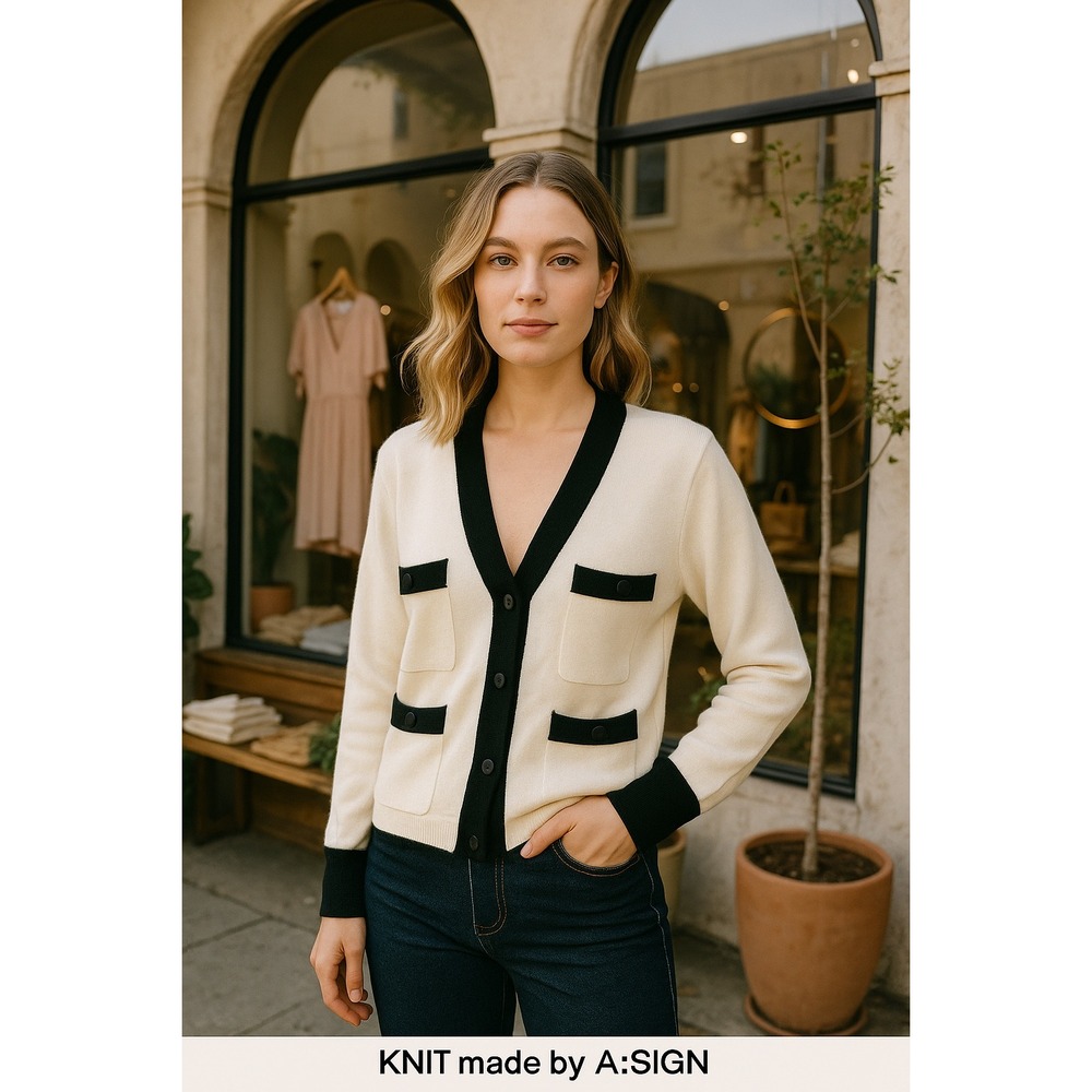 A.SIGN Cream Black Contrast Trim Button Front Knit Cardigan‎ Sweater size M